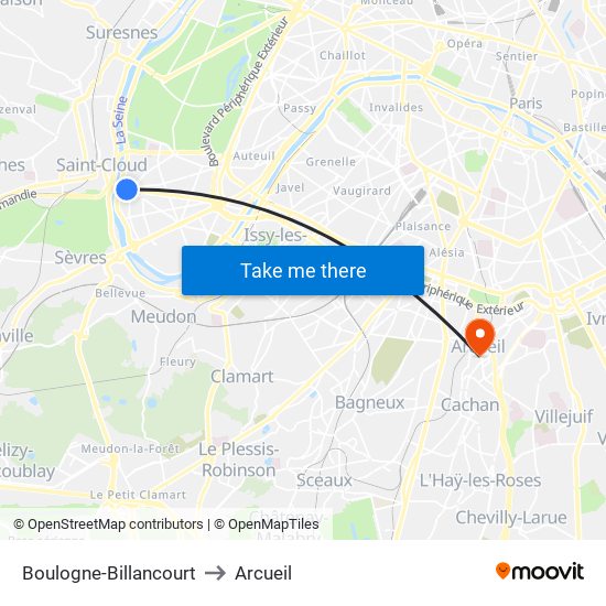 Boulogne-Billancourt to Arcueil map