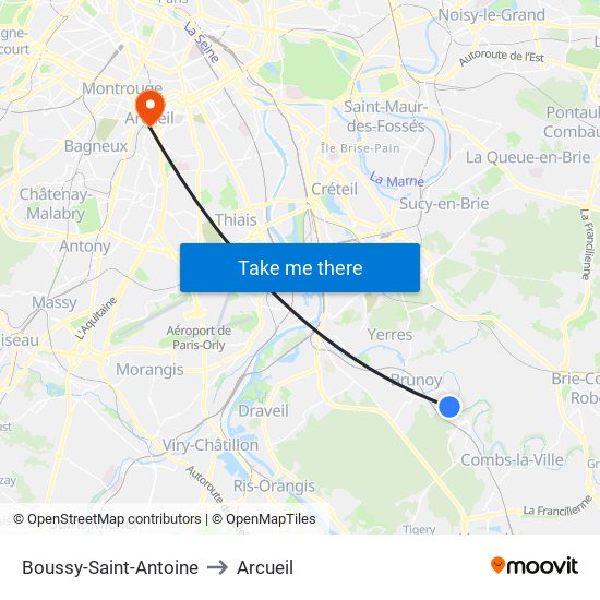 Boussy-Saint-Antoine to Arcueil map