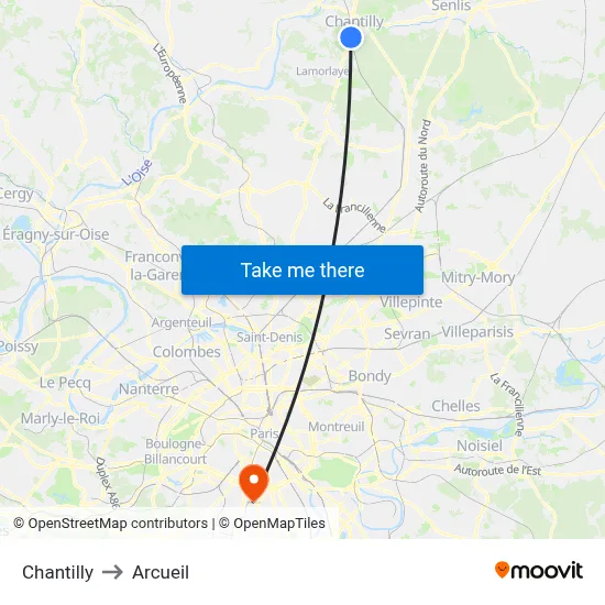 Chantilly to Arcueil map
