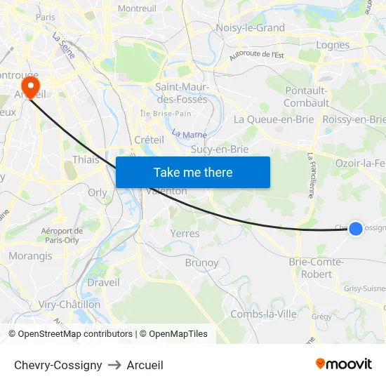 Chevry-Cossigny to Arcueil map