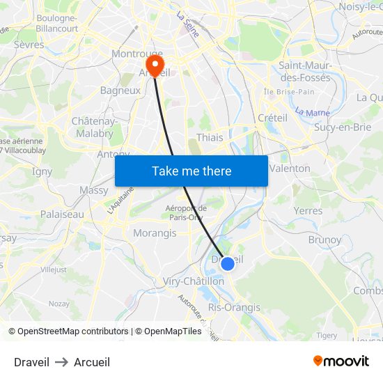 Draveil to Arcueil map