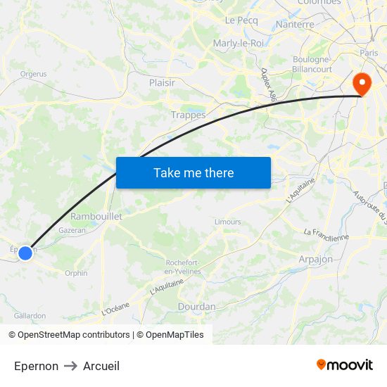 Epernon to Arcueil map