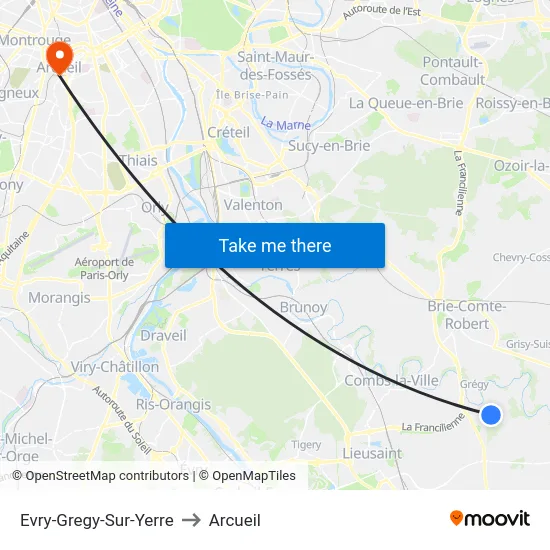 Evry-Gregy-Sur-Yerre to Arcueil map