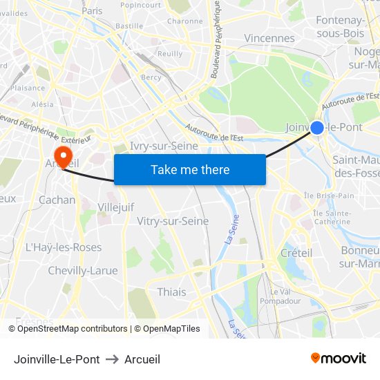 Joinville-Le-Pont to Arcueil map