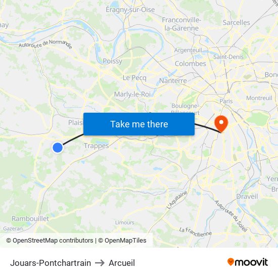 Jouars-Pontchartrain to Arcueil map