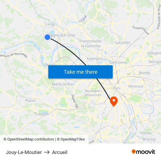 Jouy-Le-Moutier to Arcueil map