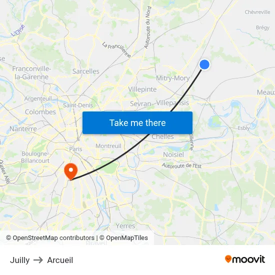 Juilly to Arcueil map