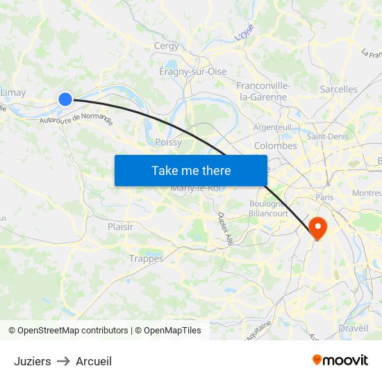 Juziers to Arcueil map