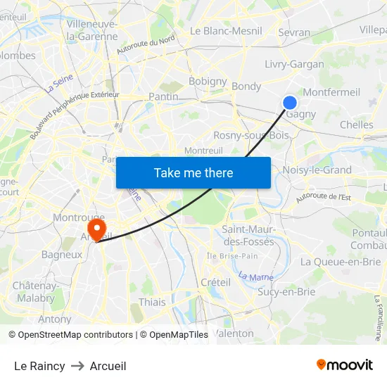 Le Raincy to Arcueil map