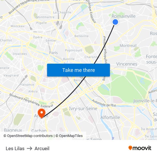 Les Lilas to Arcueil map