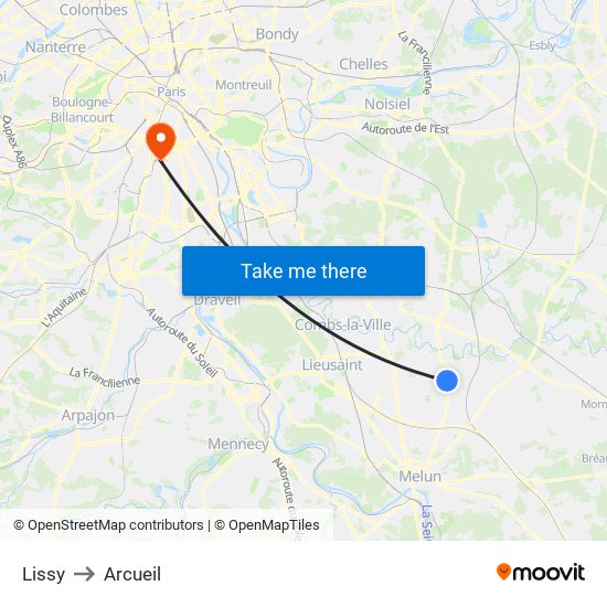 Lissy to Arcueil map