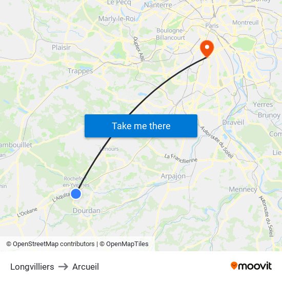 Longvilliers to Arcueil map