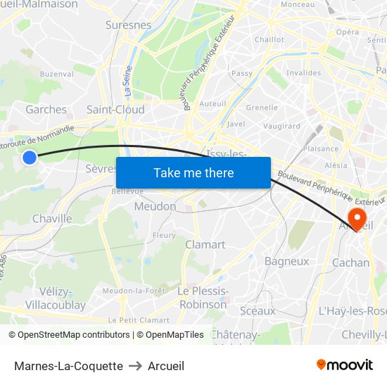 Marnes-La-Coquette to Arcueil map