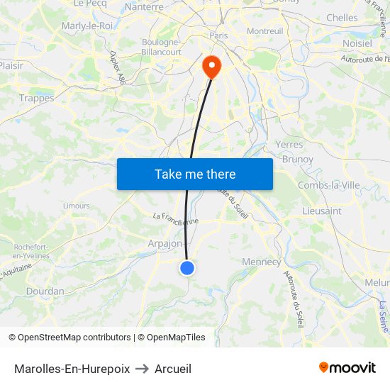 Marolles-En-Hurepoix to Arcueil map