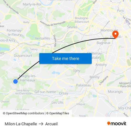 Milon-La-Chapelle to Arcueil map