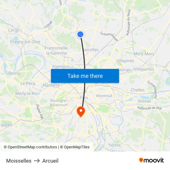 Moisselles to Arcueil map