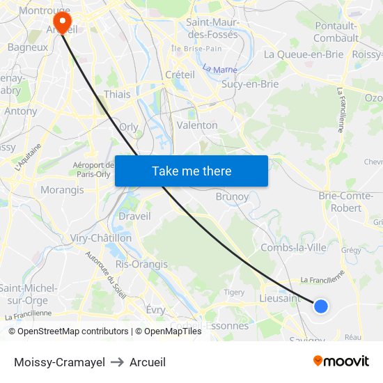 Moissy-Cramayel to Arcueil map