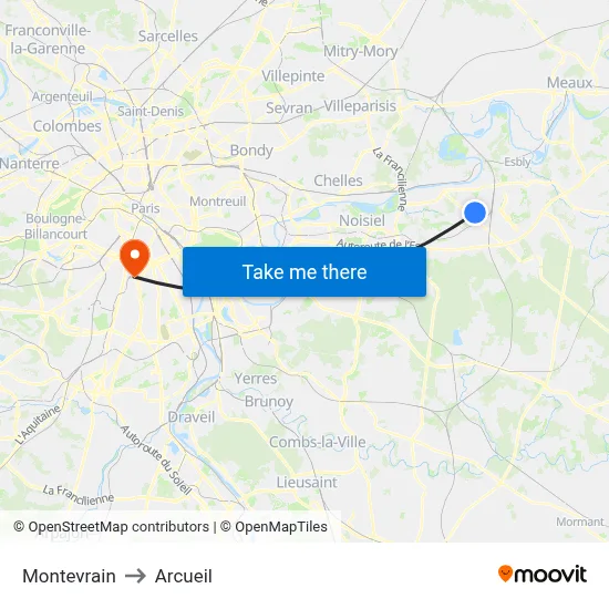 Montevrain to Arcueil map