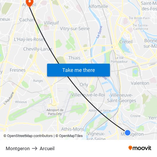 Montgeron to Arcueil map