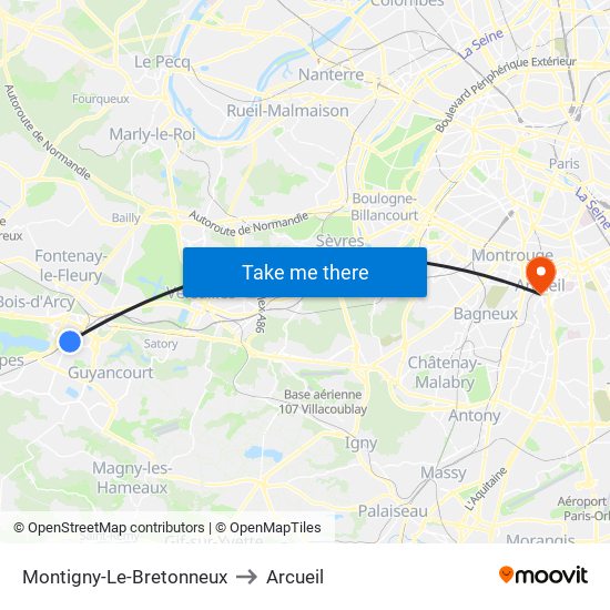 Montigny-Le-Bretonneux to Arcueil map