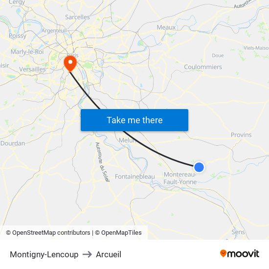 Montigny-Lencoup to Arcueil map