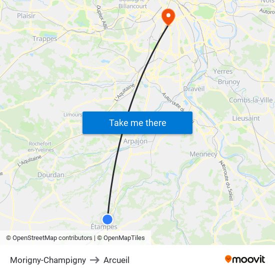 Morigny-Champigny to Arcueil map