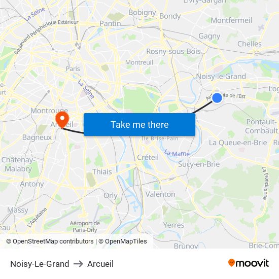 Noisy-Le-Grand to Arcueil map