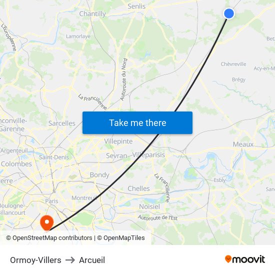 Ormoy-Villers to Arcueil map