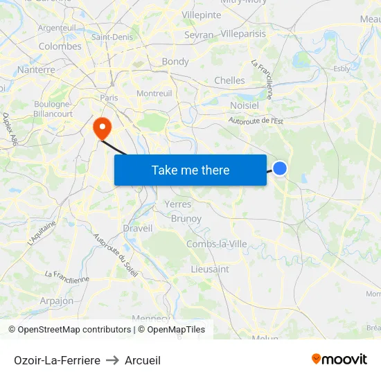 Ozoir-La-Ferriere to Arcueil map