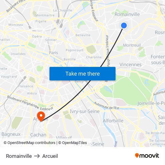 Romainville to Arcueil map