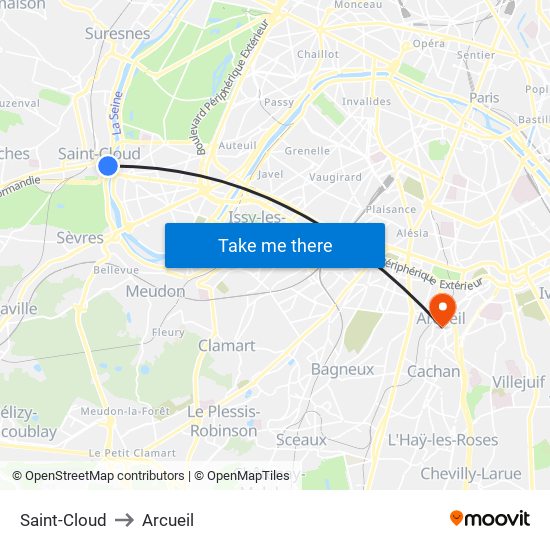 Saint-Cloud to Arcueil map