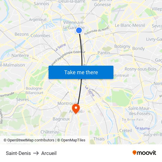Saint-Denis to Arcueil map
