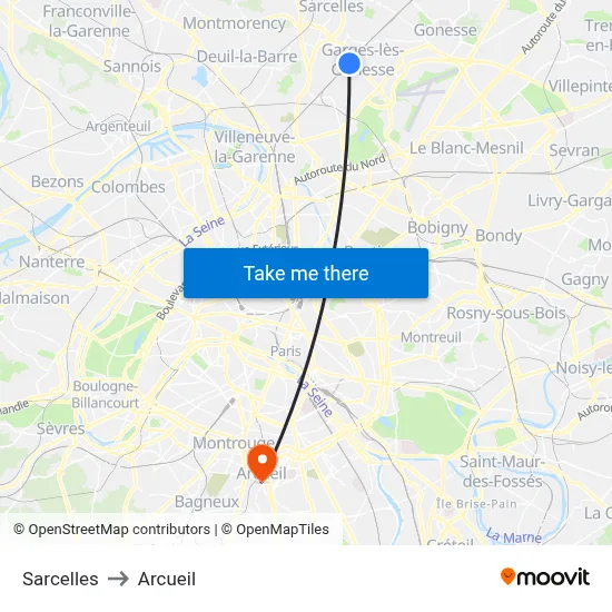 Sarcelles to Arcueil map