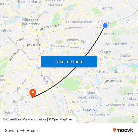 Sevran to Arcueil map