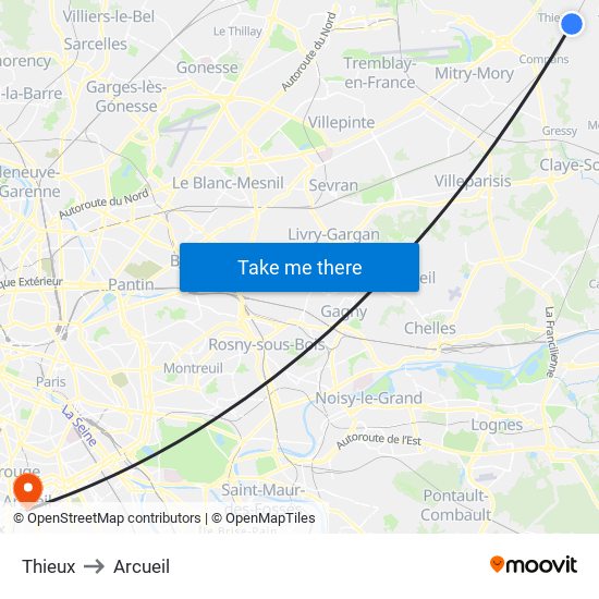 Thieux to Arcueil map