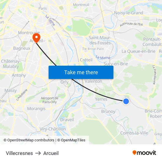 Villecresnes to Arcueil map