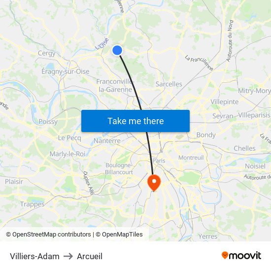 Villiers-Adam to Arcueil map