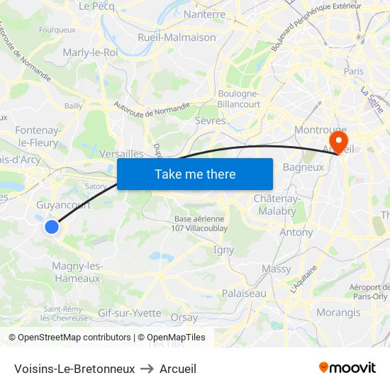 Voisins-Le-Bretonneux to Arcueil map