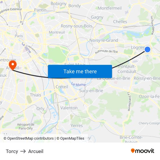 Torcy to Arcueil map