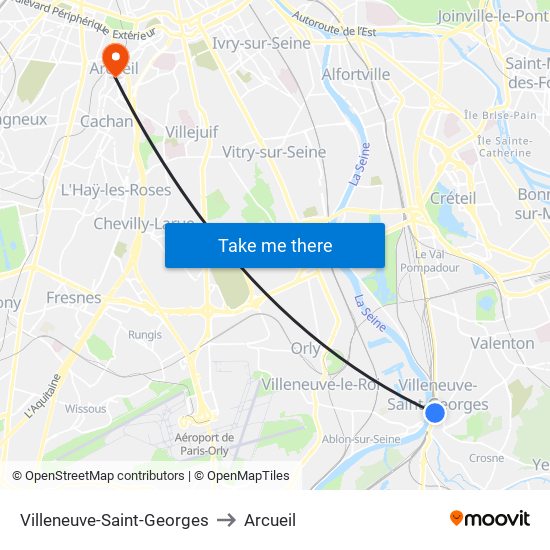 Villeneuve-Saint-Georges to Arcueil map