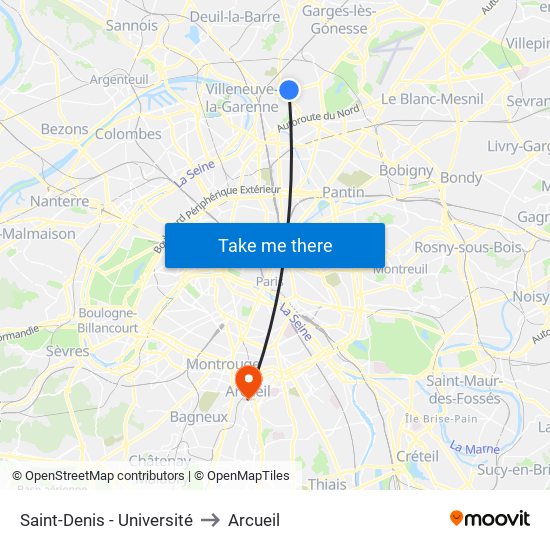Saint-Denis - Université to Arcueil map