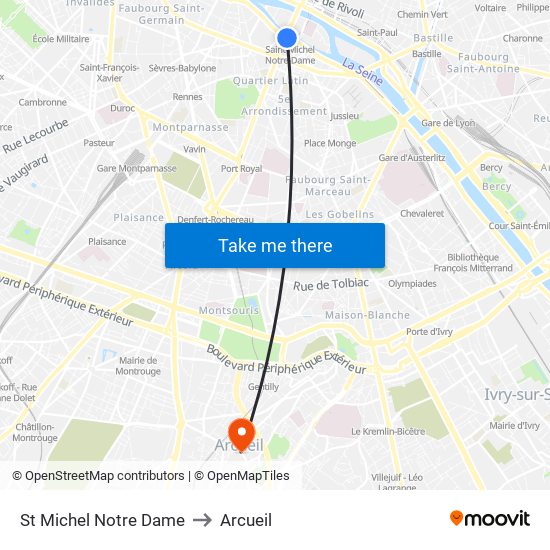 St Michel Notre Dame to Arcueil map