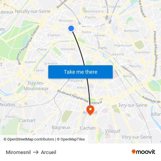 Miromesnil to Arcueil map