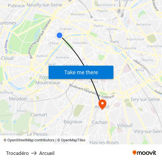 Trocadéro to Arcueil map