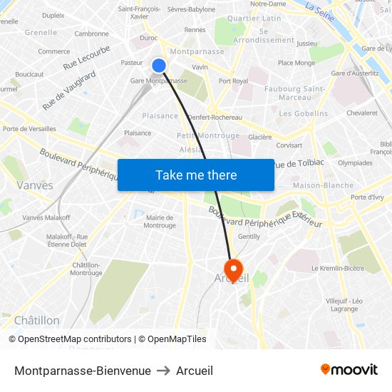 Montparnasse-Bienvenue to Arcueil map