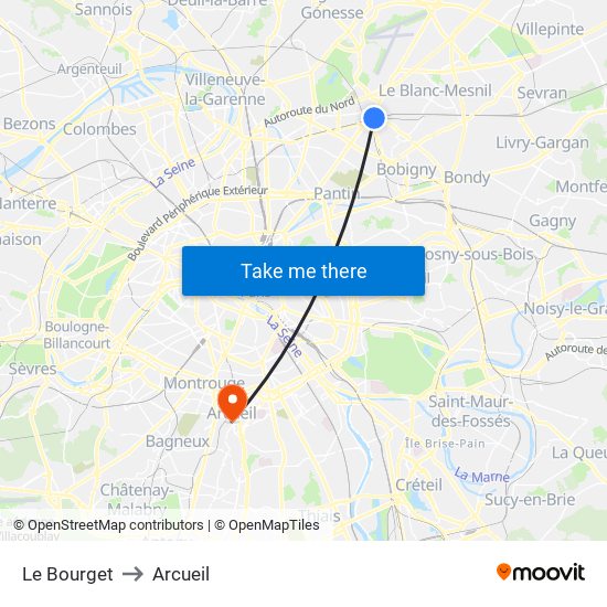 Le Bourget to Arcueil map