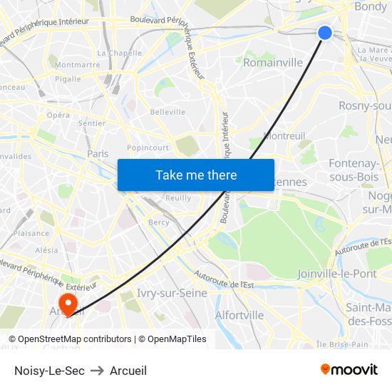 Noisy-Le-Sec to Arcueil map