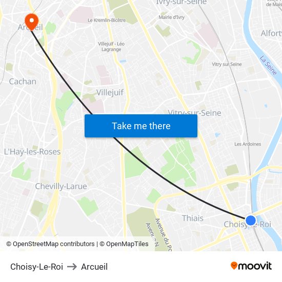 Choisy-Le-Roi to Arcueil map