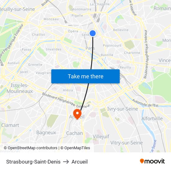 Strasbourg-Saint-Denis to Arcueil map