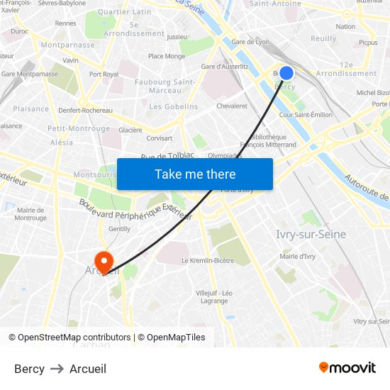 Bercy to Arcueil map